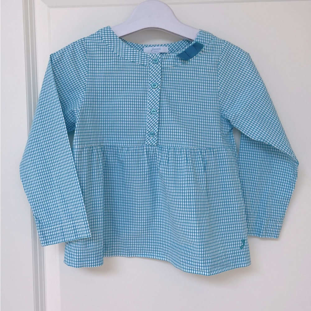 Jacadi Paris Girls Blue Gingham Blouse Empire Waist 100% Cotton - French Chic